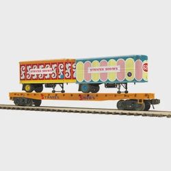 3002598 - PREMIER FLAT CAR W/TWO 20' TRAILERS STRATES SHOWS #26