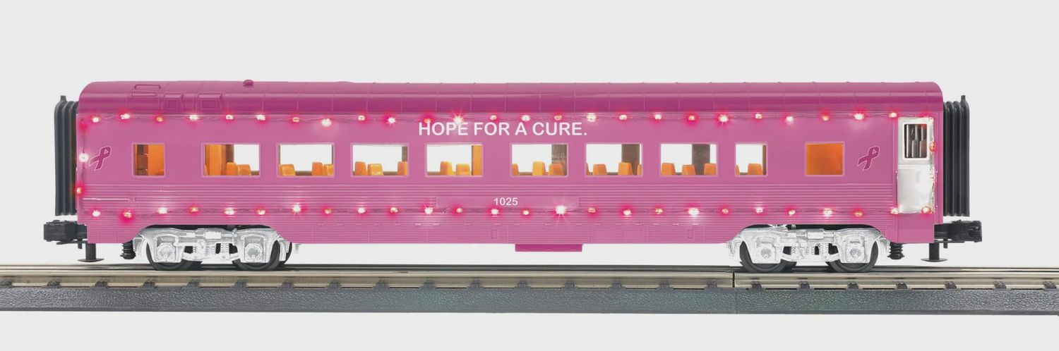 30-68296 - O Gauge RailKing Cancer Awareness 60’ Streamlined Coach Car w/LED Lights