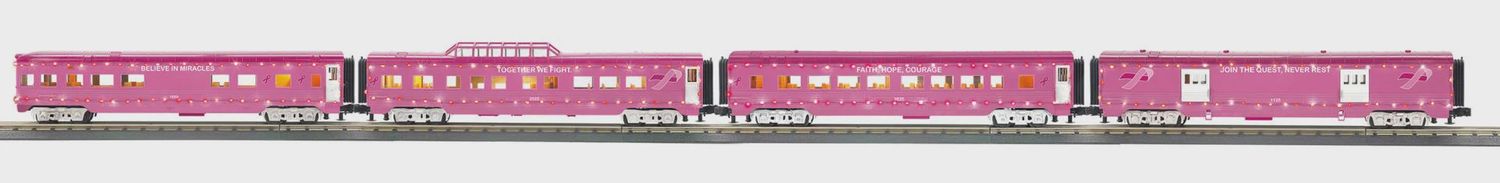 30-68294 - O Gauge RailKing Cancer Awareness 4-Car 60’ Streamlined Passenger Set w/LED Lights