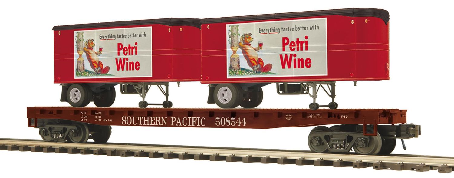 20-95557 - Flat Car w/(2) PUP Trailers - Southern Pacific (Petri Wine) No. 508544, 508549