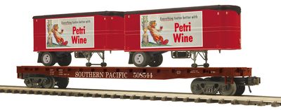 20-95557 - Flat Car w/(2) PUP Trailers - Southern Pacific (Petri Wine) No. 508544, 508549