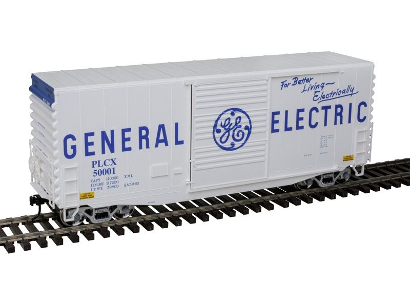 2001130 - 3RL TRAINMAN 40' HY-CUBE BOX CAR GENERAL ELECTRIC 50000, 50001 (WHITE/BLUE)