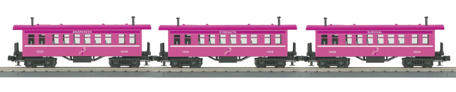 30-6462 - O Gauge RailKing Cancer Awareness 3-Car Overton Passenger Coach Set