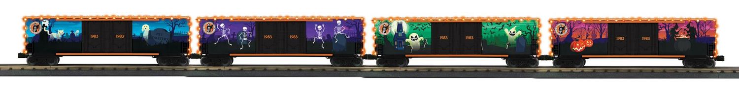 30-70169 - O Gauge RailKing Halloween 4-Car 50’ Double Door Plugged Boxcar Set With LED Lights Set