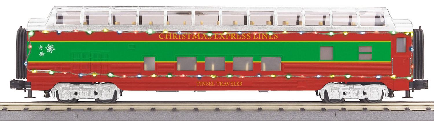 30-68309 - O Gauge RailKing Christmas 60’ Streamlined Full-Length Vista Dome Car w/LED Lights