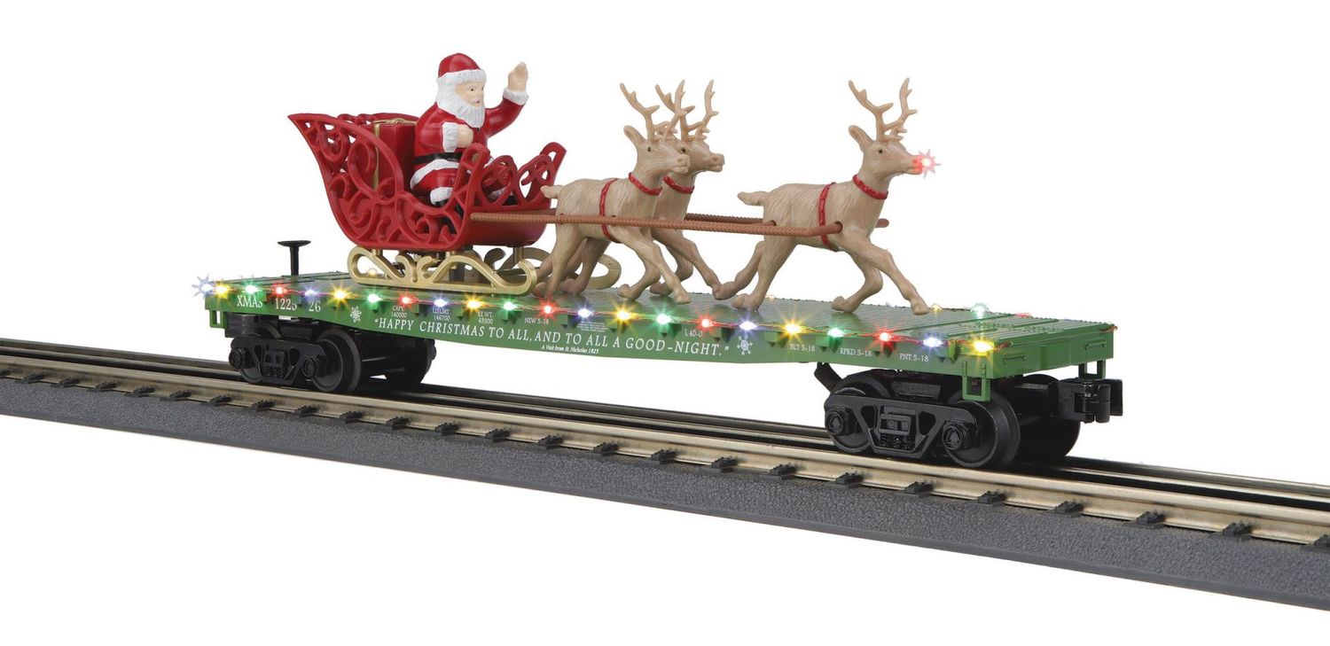 30-76990 - O Gauge RailKing Christmas Flat Car w/LED Lights, Santa Sleigh &amp; Reindeer