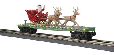 30-76990 - O Gauge RailKing Christmas Flat Car w/LED Lights, Santa Sleigh &amp; Reindeer