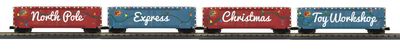 30-70171 - O Gauge RailKing North Pole 4-Car 50’ Double Door Plugged Boxcar Set With LED Lights Set