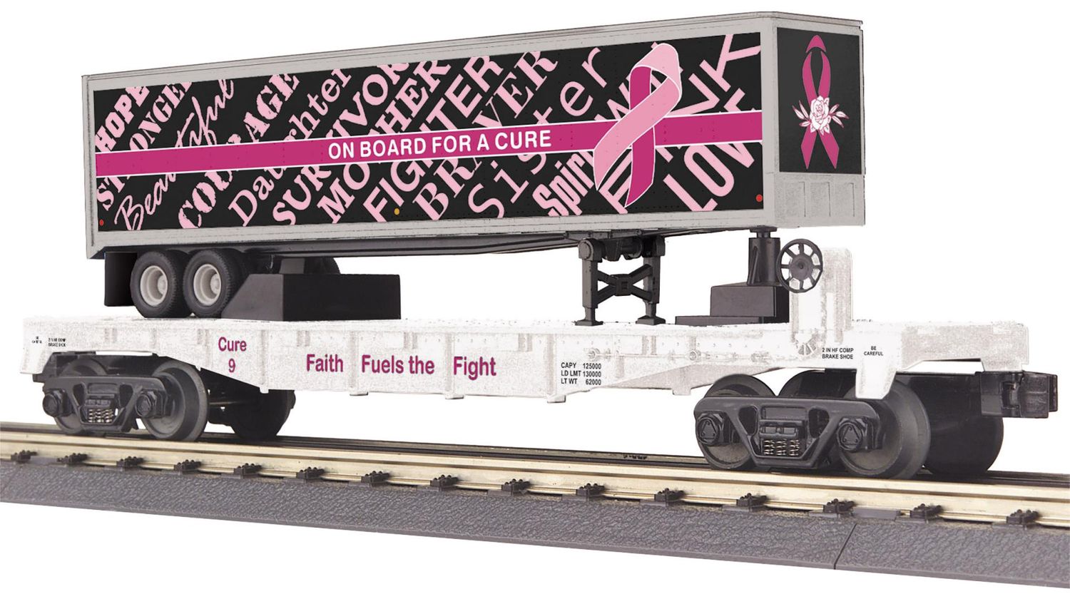 30-76980 - O Gauge RailKing Cancer Awareness Flat Car w/40’ Trailer