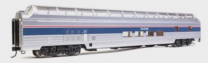 932-6527 - 85' Budd Smooth-Side Great Dome Lounge - Ready to Run -- Amtrak(R) (Phase IV, silver, Wide blue w/Thin red &amp; white Stripes)