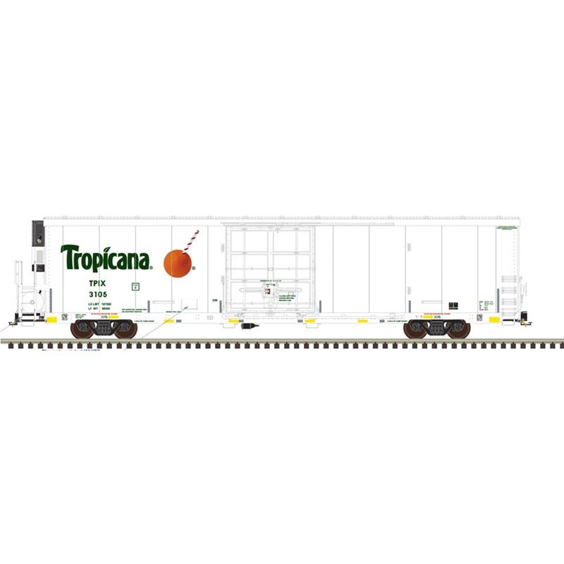 3003170 - O MASTER TRINITY 64' REEFER 4 CAR SET TROPICANA (CONSPIC STRIPES) 3122, 3139, 3151, 3155 (WHITE/GREEN/ORANGE) - 3RL