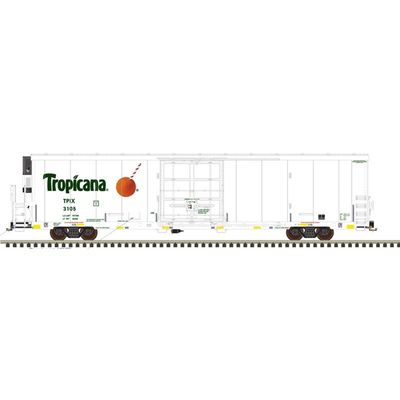 3003170 - O MASTER TRINITY 64' REEFER 4 CAR SET TROPICANA (CONSPIC STRIPES) 3122, 3139, 3151, 3155 (WHITE/GREEN/ORANGE) - 3RL