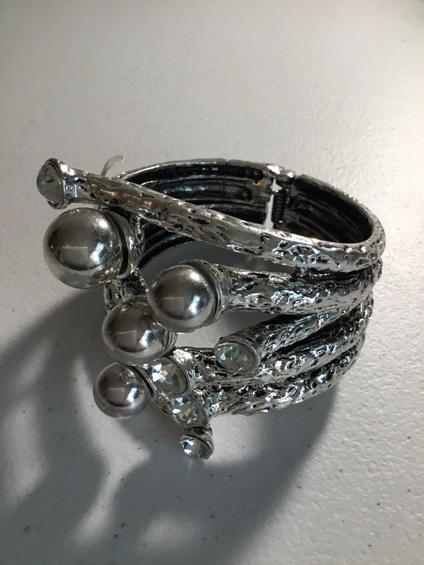 Silver Large Cuff with Silver Balls and Crystals