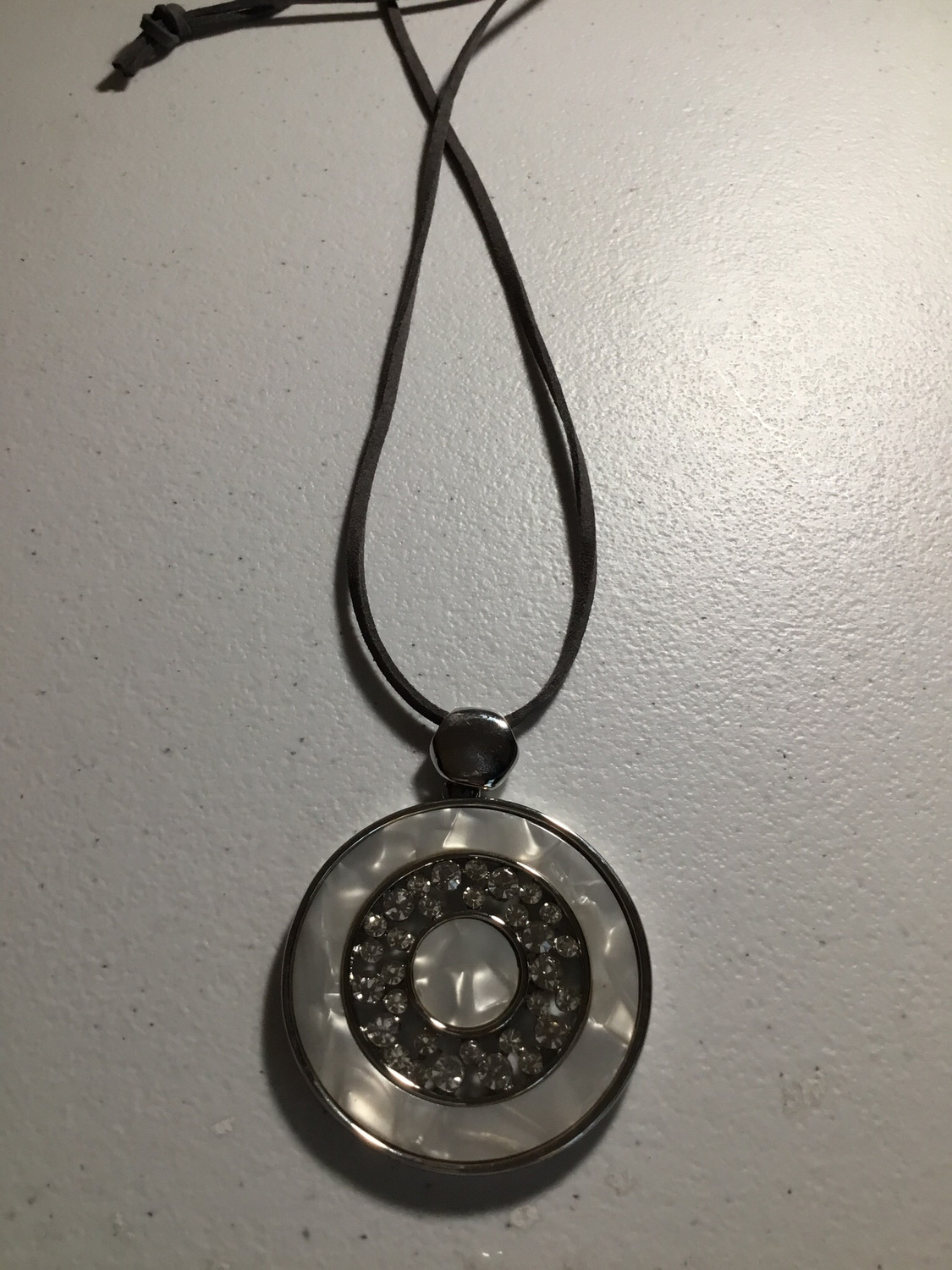 Leather Necklace with Mother of Pearl and Crystal Round Pendant