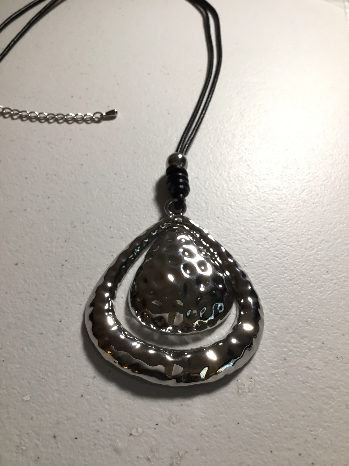 Black Leather Necklace with Large Teardrop Pendant