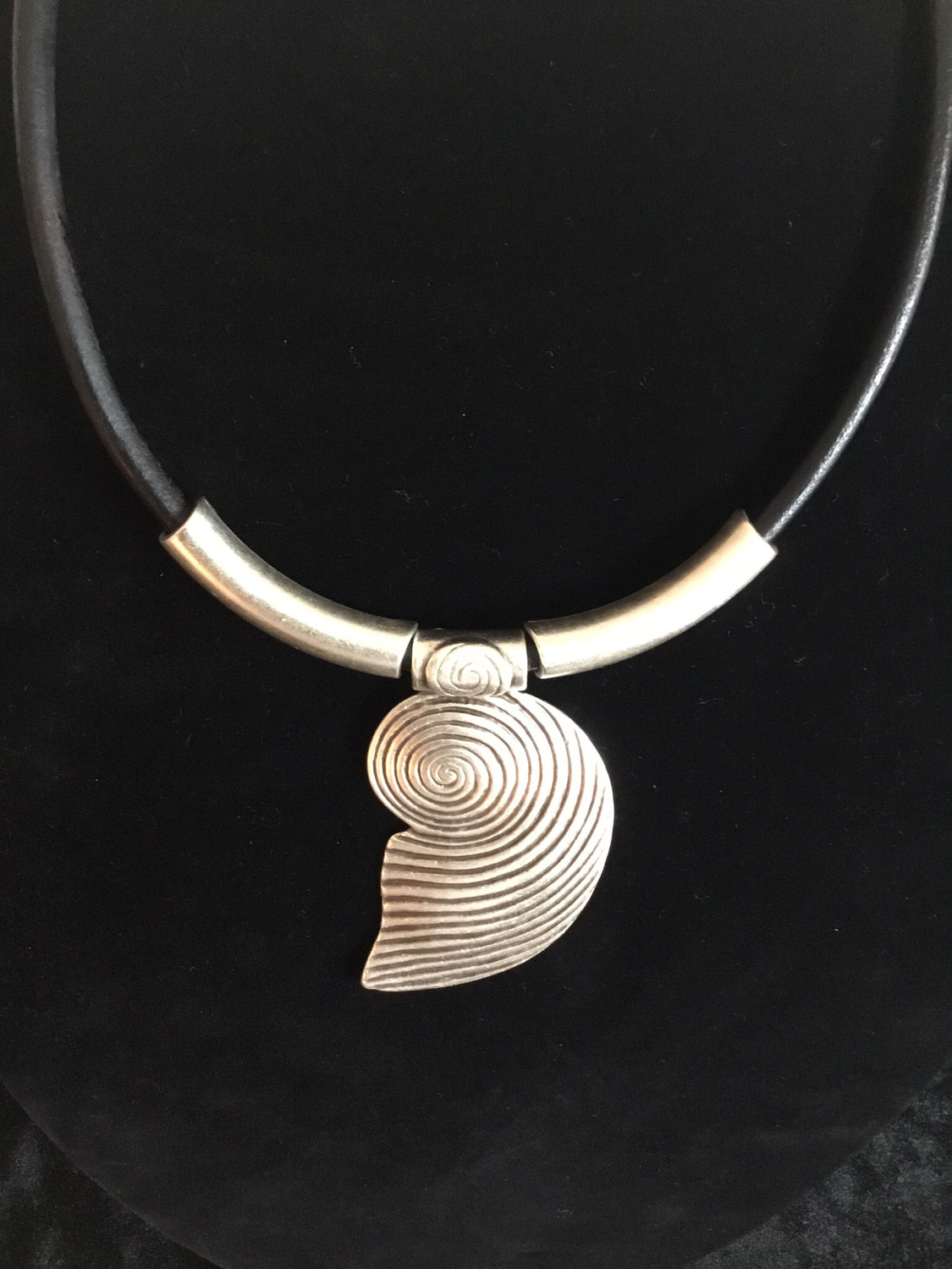 Pewter Nautilus Shell on Black leather Necklace