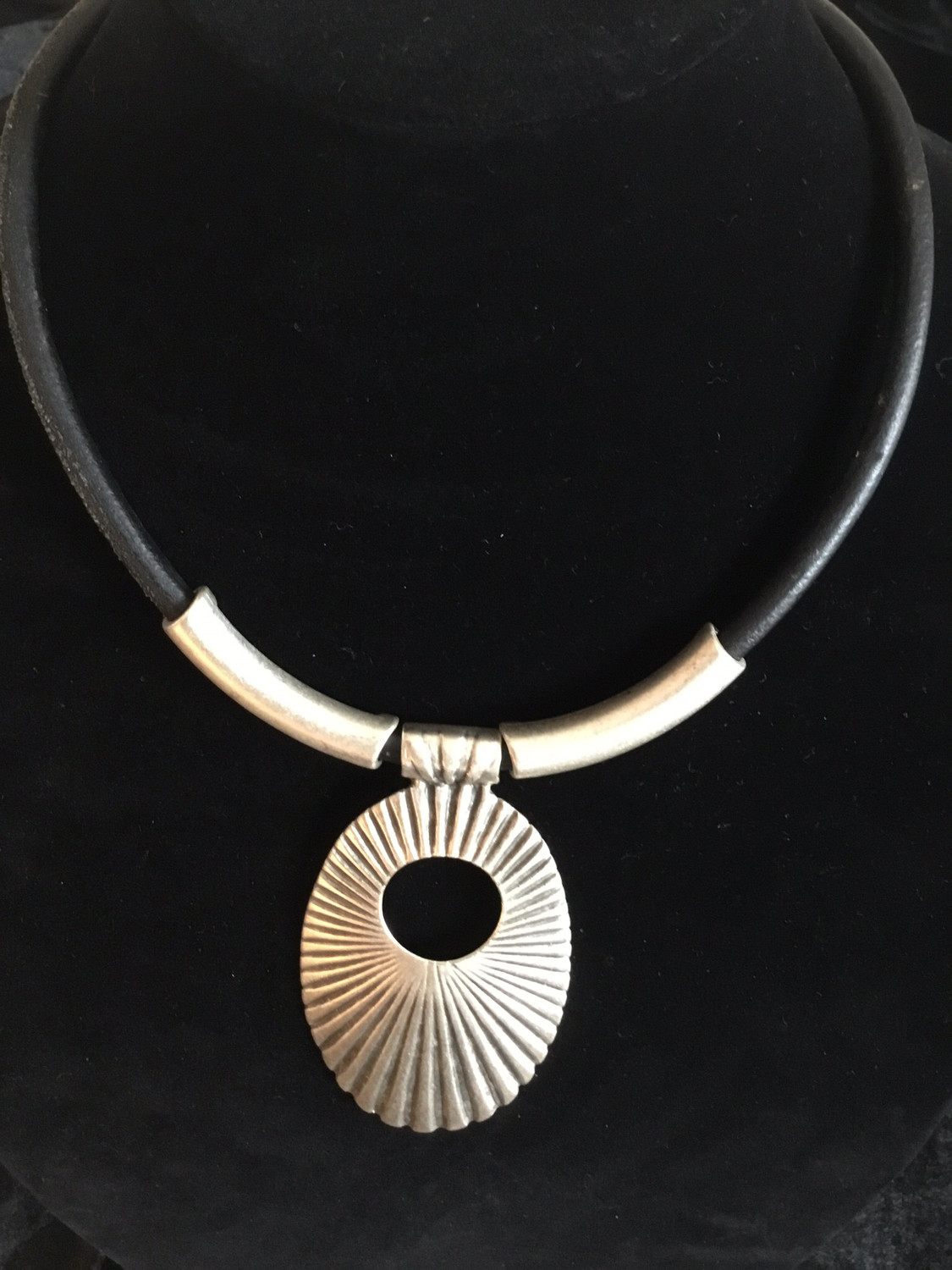Pewter And Black Leather Short Necklace With Oval Designer Pendant 
