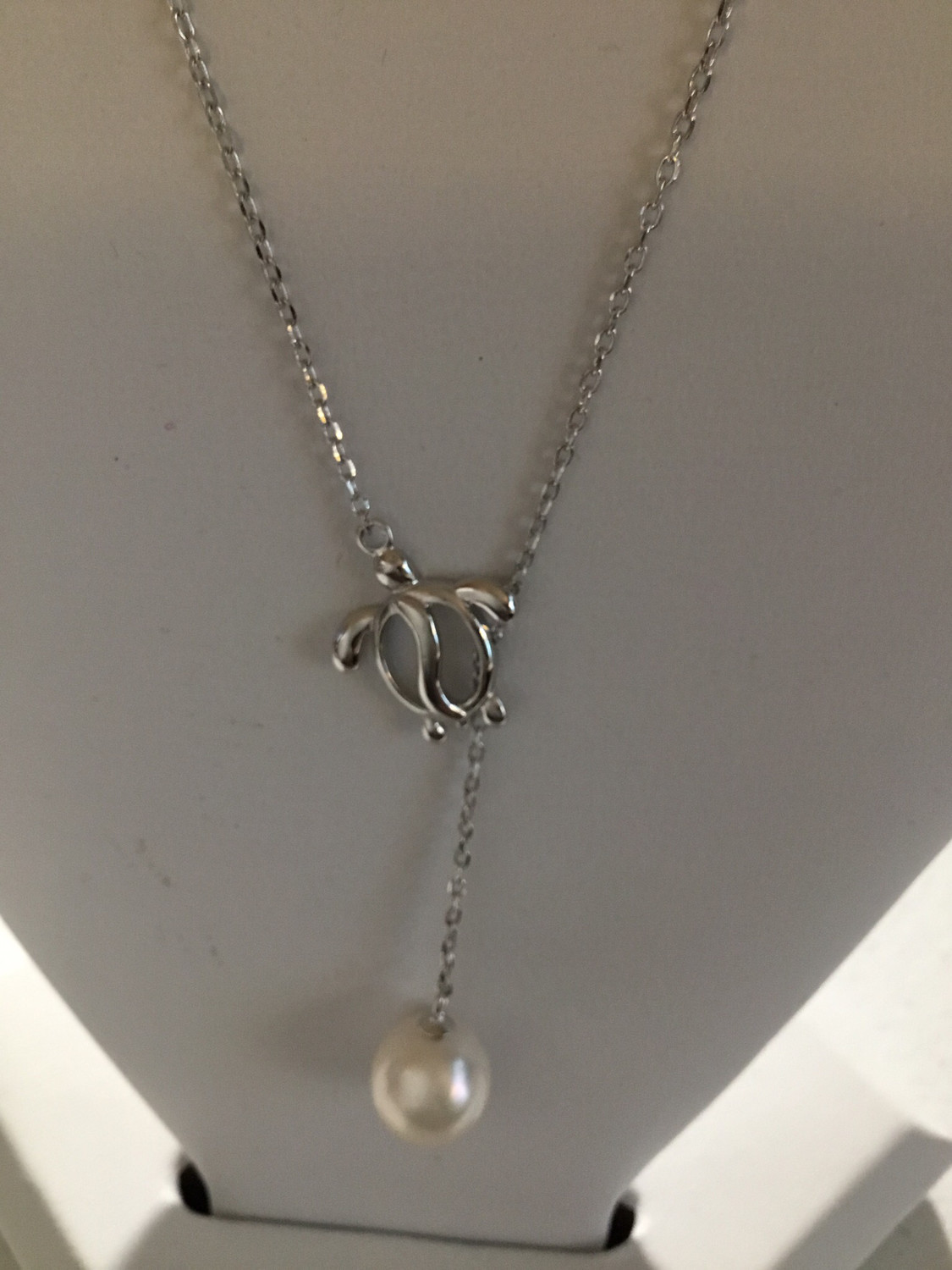 Sterling Silver Turtle Lariat Necklace With Pearl Drop