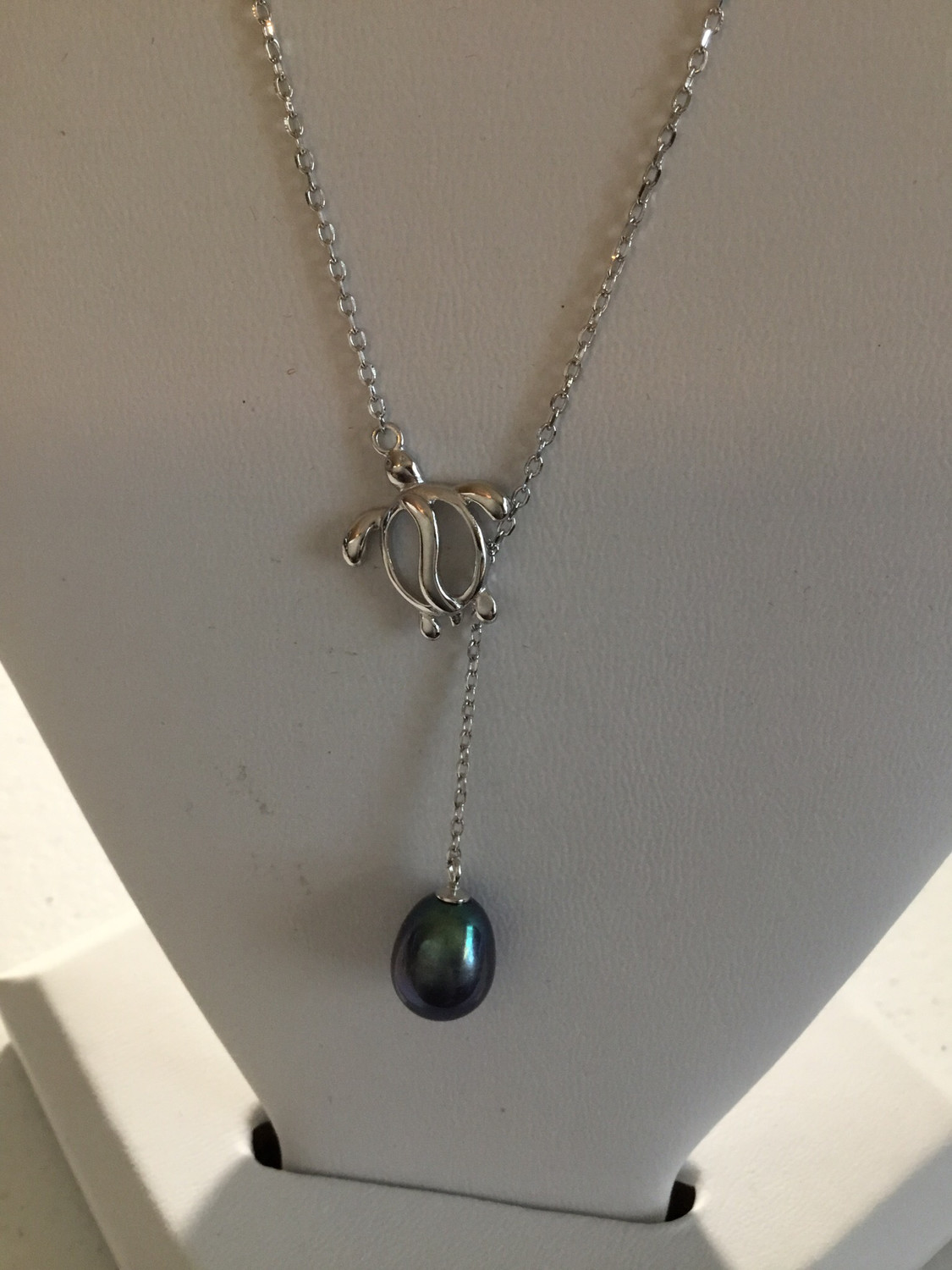 Sterling Silver Turtle Lariat Necklace With Pearl Drop