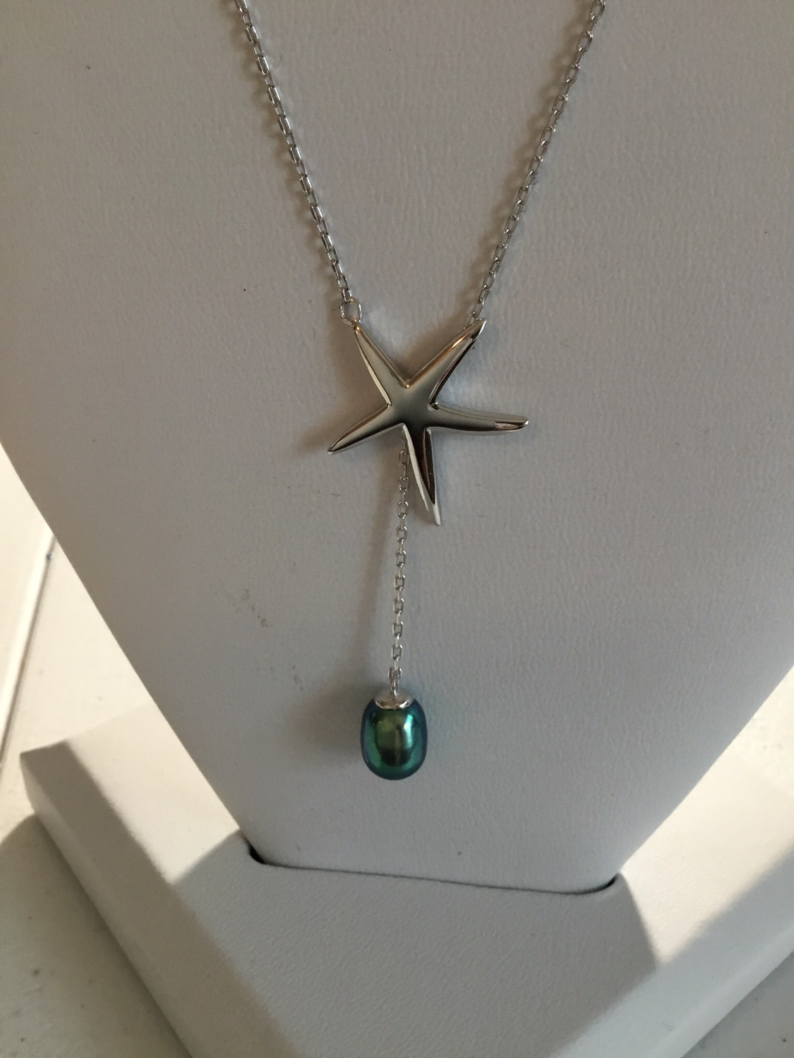 Sterling Silver Starfish Lariat Necklace With Pearl Drop 