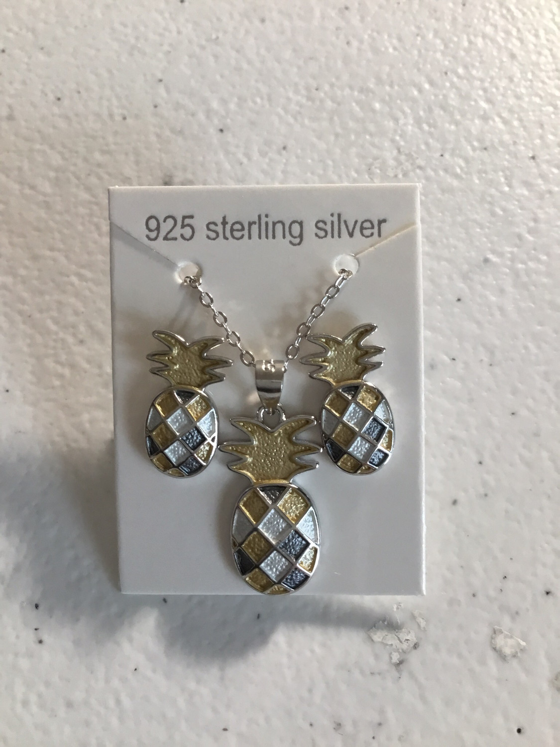 Tri-Color Sterling Silver Pineapple Earrings And Necklace Set 
