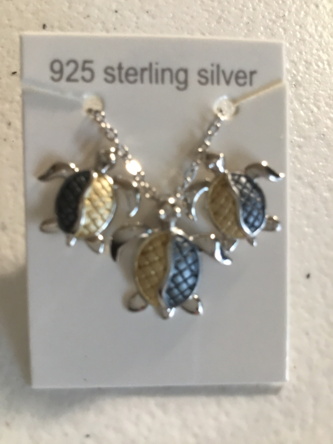 Tri-Color Sterling Silver Turtle Necklace And Earring Set
