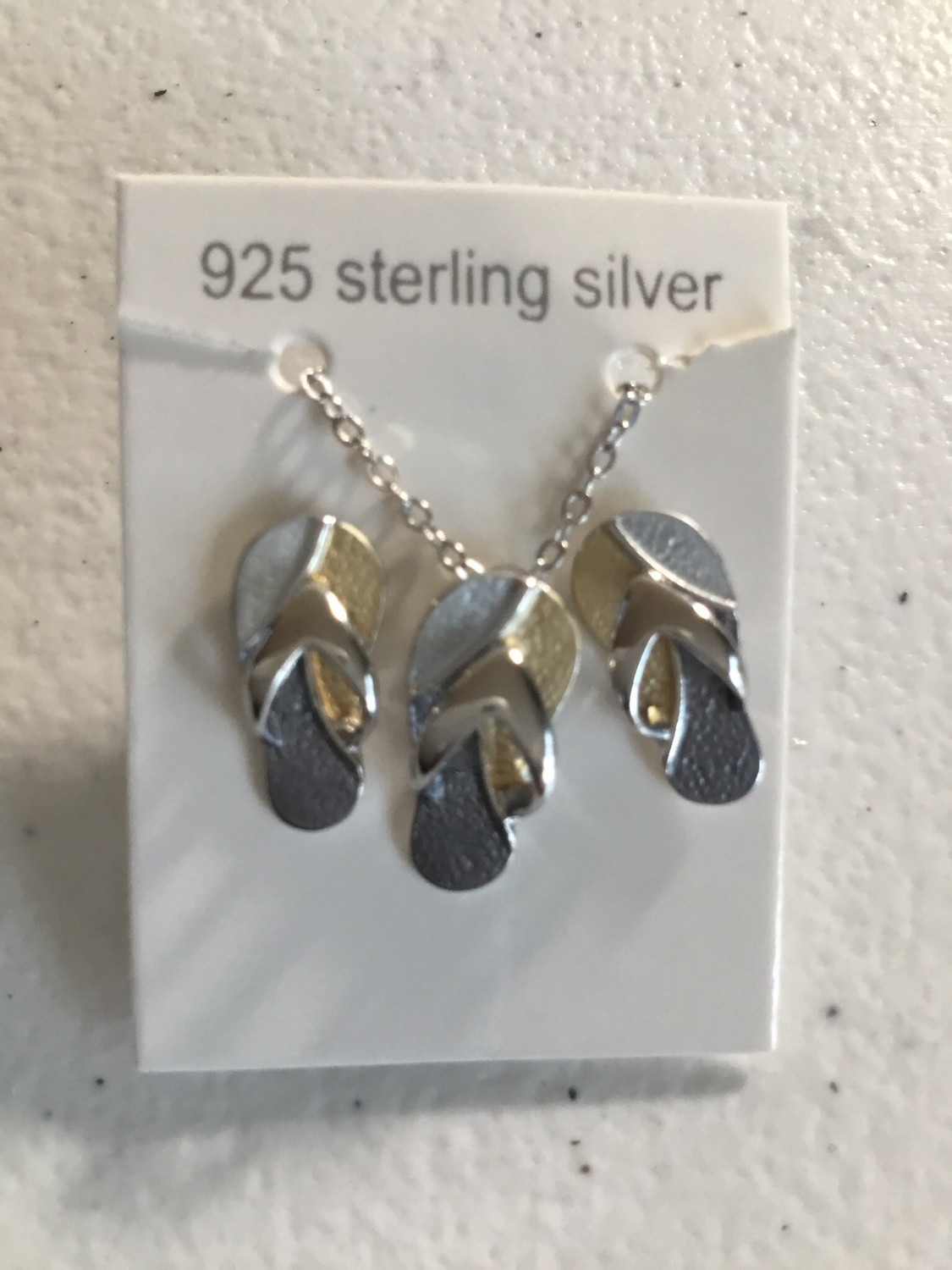 Tri-Color Sterling Silver Flip Flop Necklace And Earring Set 