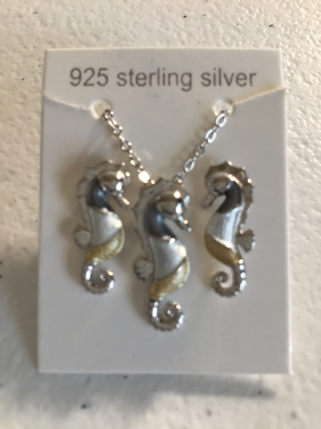 Tri-Color Sterling Silver Seahorse Necklace And Earring Set