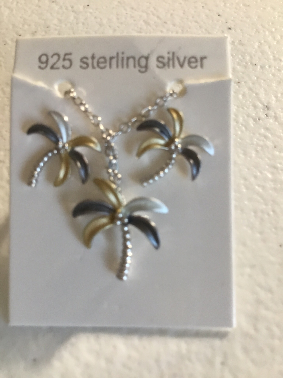 Tri-Color Sterling Silver Palm Tree Necklace And Earring Set