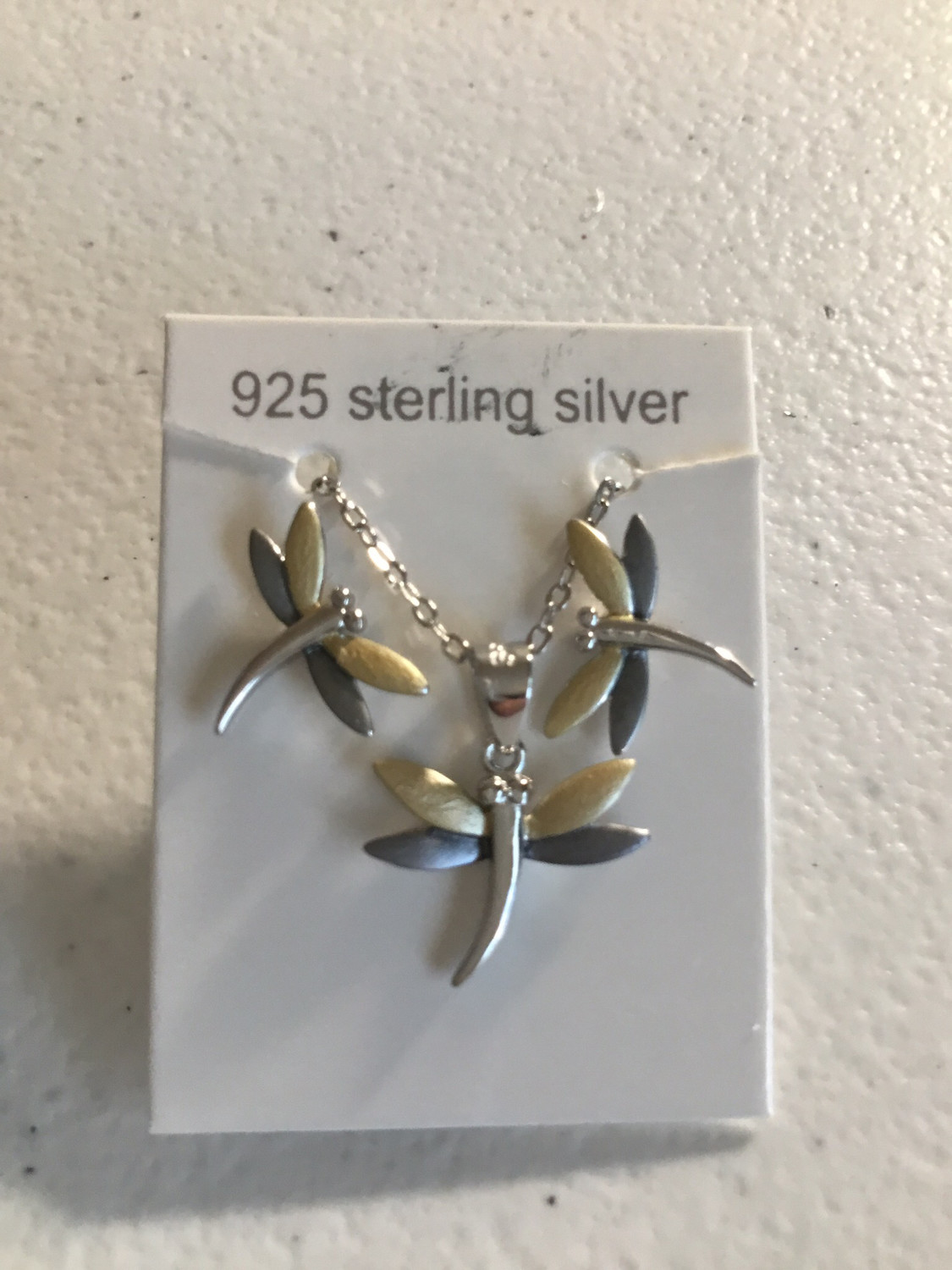 Tri-Color Sterling Silver Dragonfly Necklace And Earring Set
