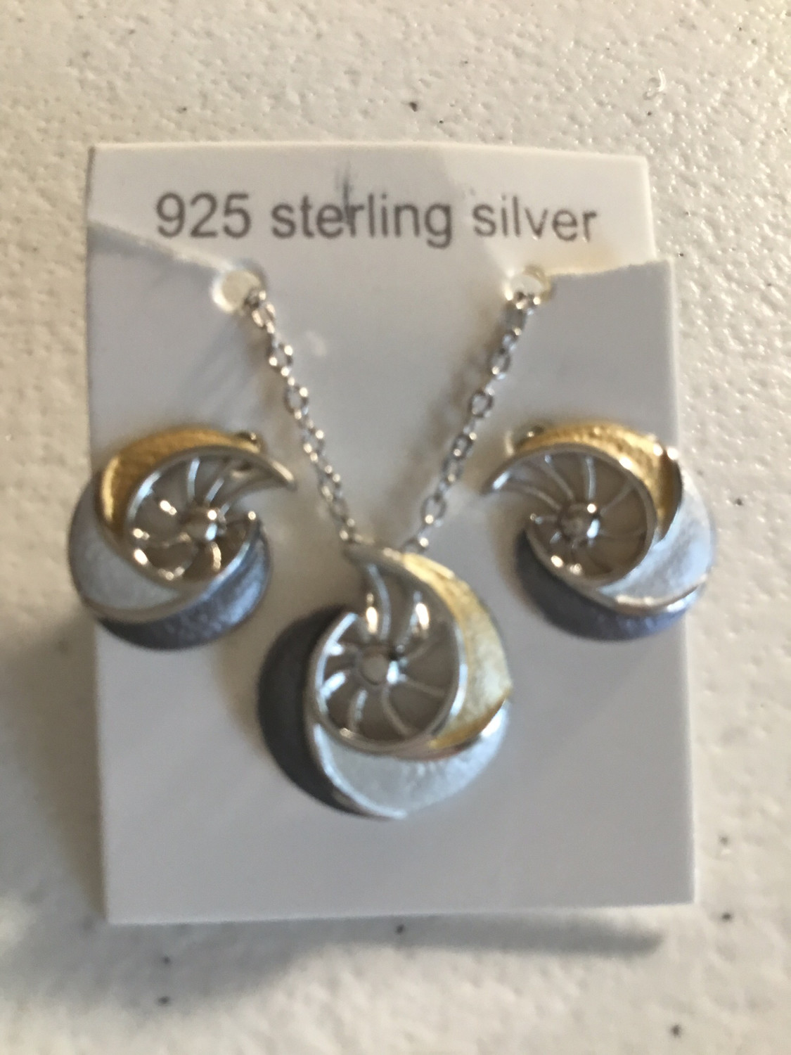 Tri-Color Sterling Silver Nautilus Necklace And Earring Set 