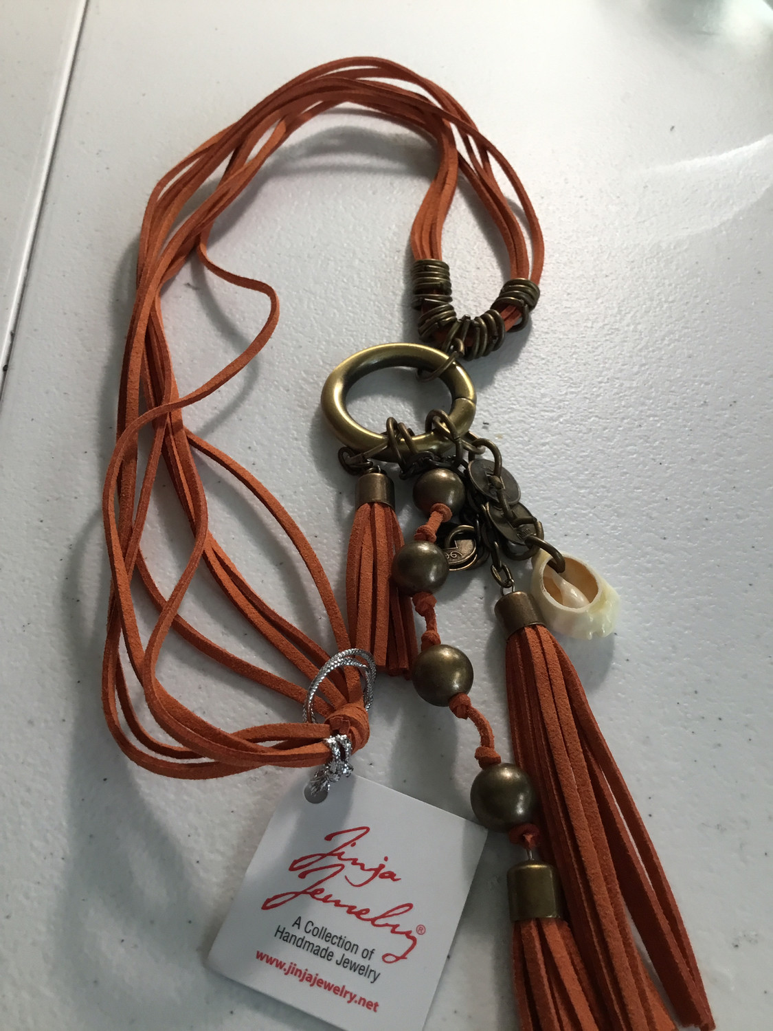Boho Long Orange Leather Necklace with Tassels