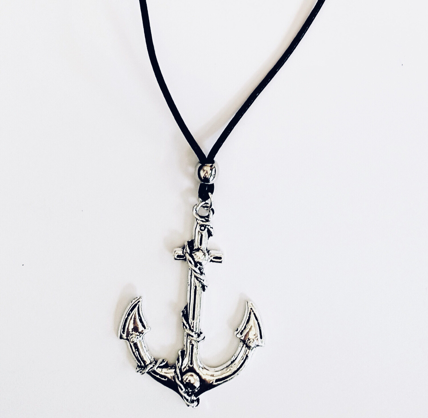 Black Leather Long Necklace With Anchor 
