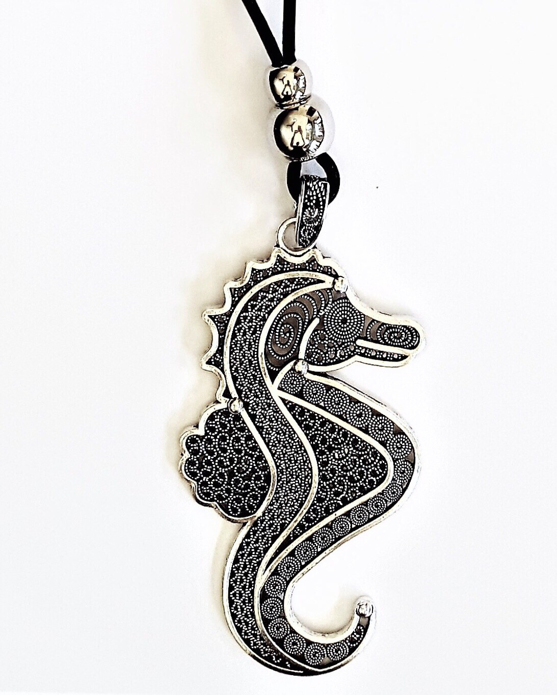 Black Leather Long Necklace With Beautiful Seahorse Pendant 