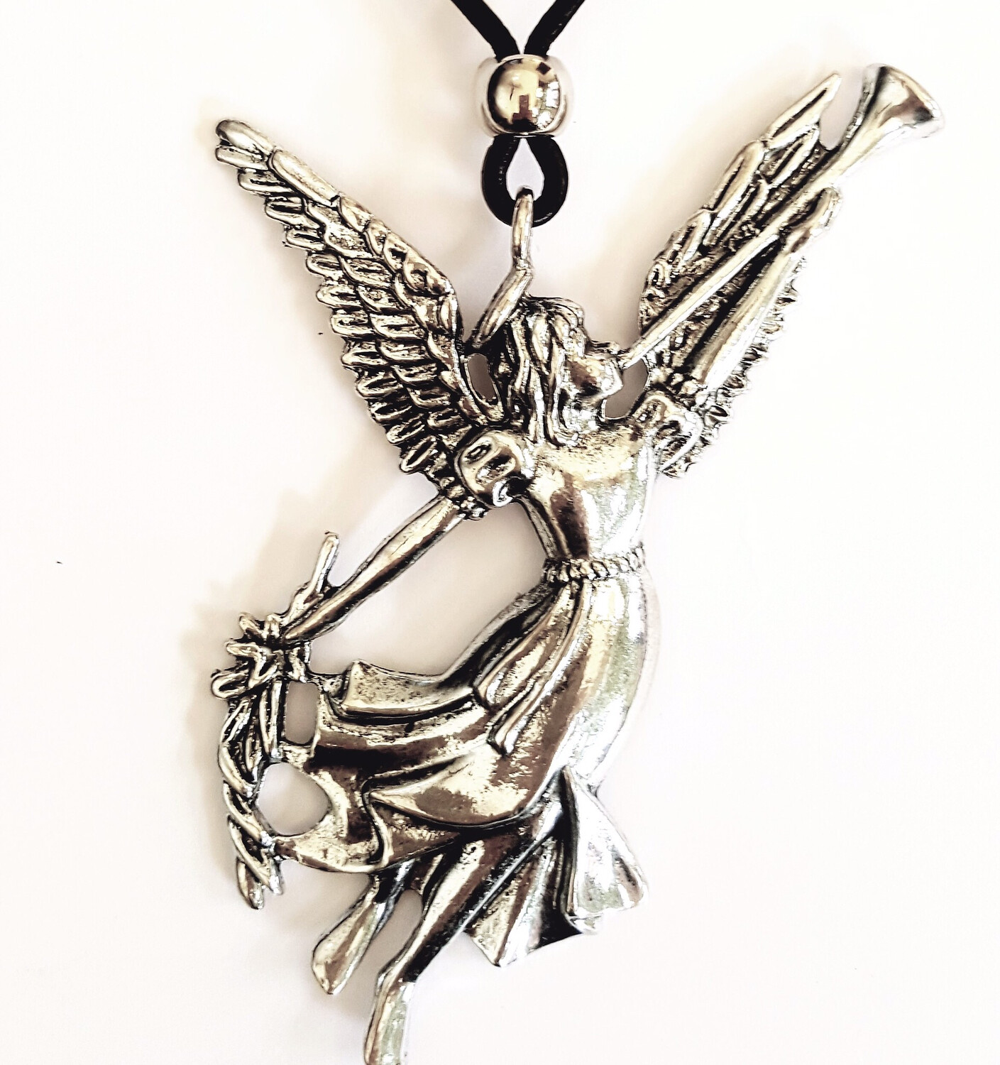 Black Leather Long Necklace With Heavenly Angel