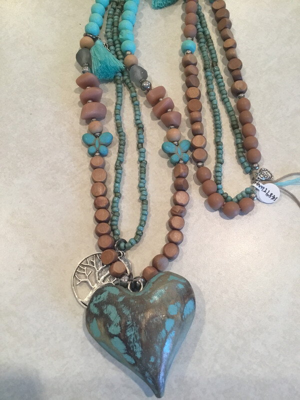Wooden Handmade Two Layered Necklace With Mixed Beads, Stones, Charms And Heart