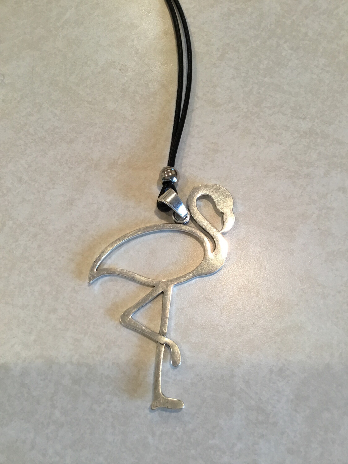 Black Leather Long Necklace With Flamingo Pendant