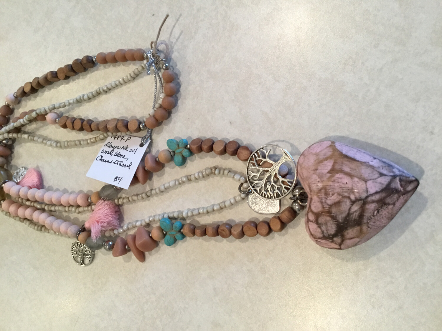 Wooden Handmade Two Layered Necklace With Mixed Beads, Stones, Charms And Heart