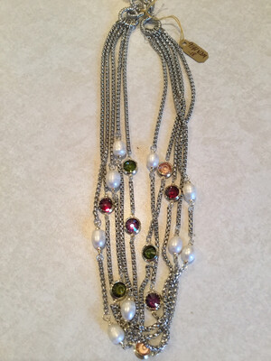 Five Layer Silver Necklace With Gemstones And Pearl