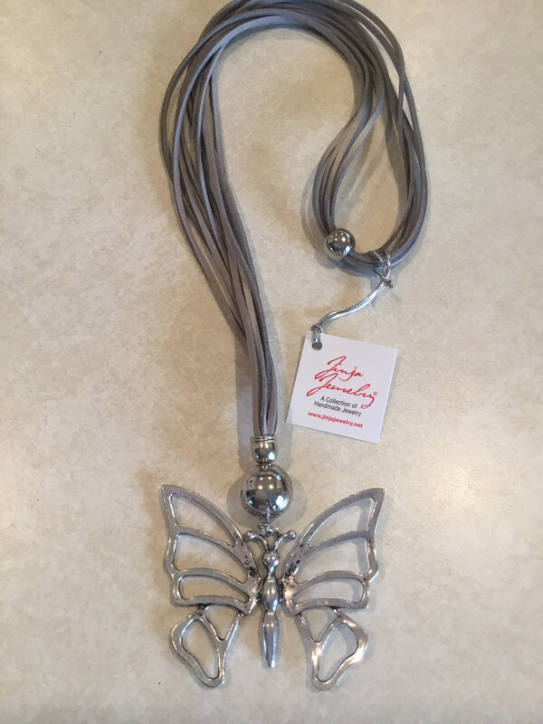 Long Five Strand Leather Necklace With Butterfly Pendant