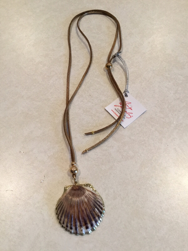 Fan Shell In Cased In 24K Gold Plating On Long Adjustable Leather Necklace