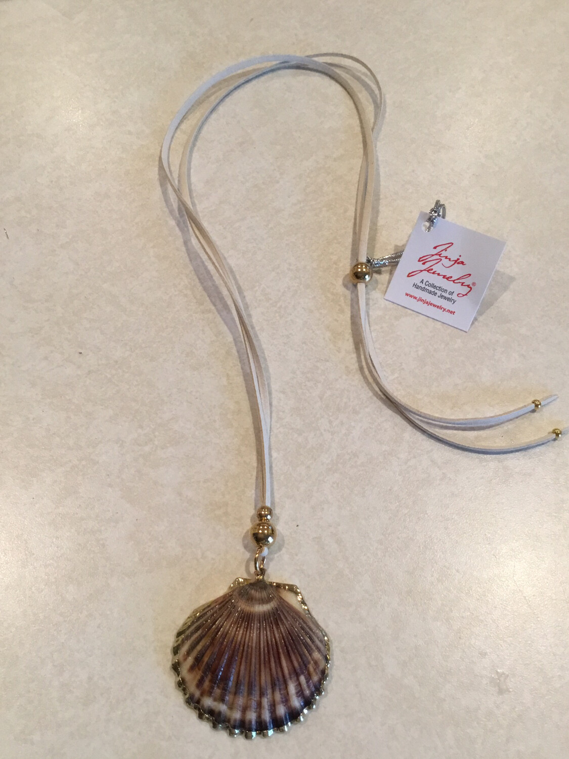 Fan Shell In Cased In 24K Gold Plating On Long Adjustable Leather Necklace