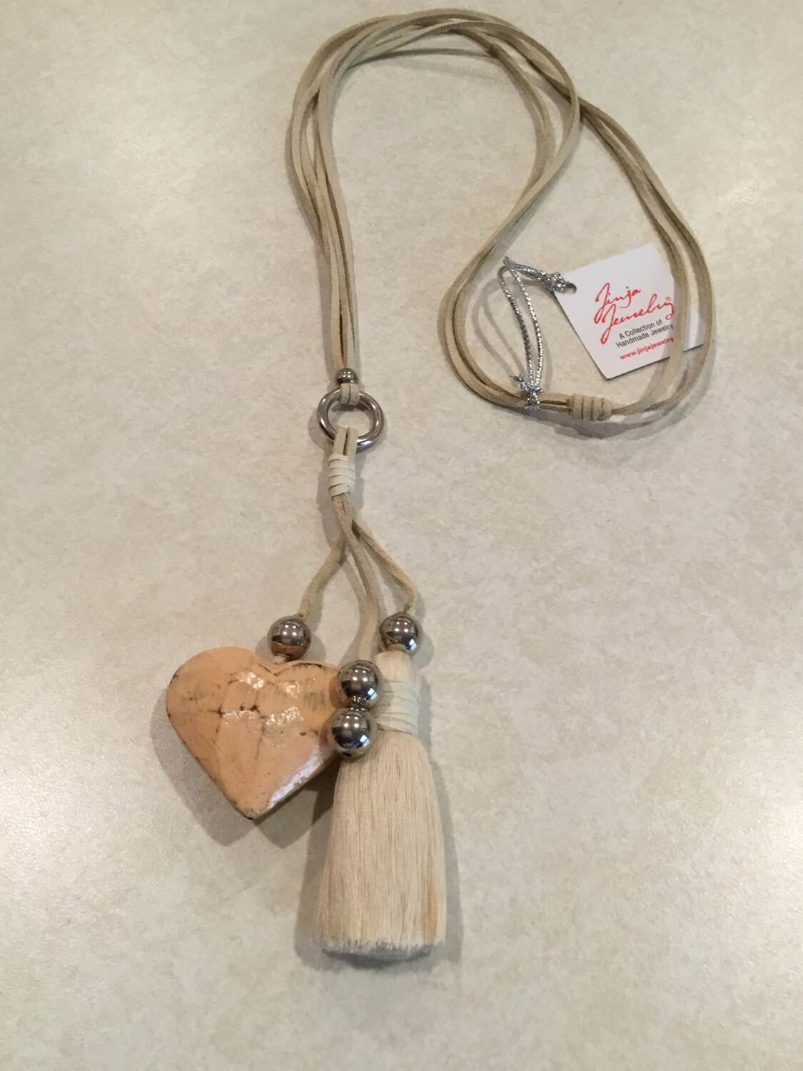 Boho Long Necklace With Beautiful Tassel And Small Wooden Heart.