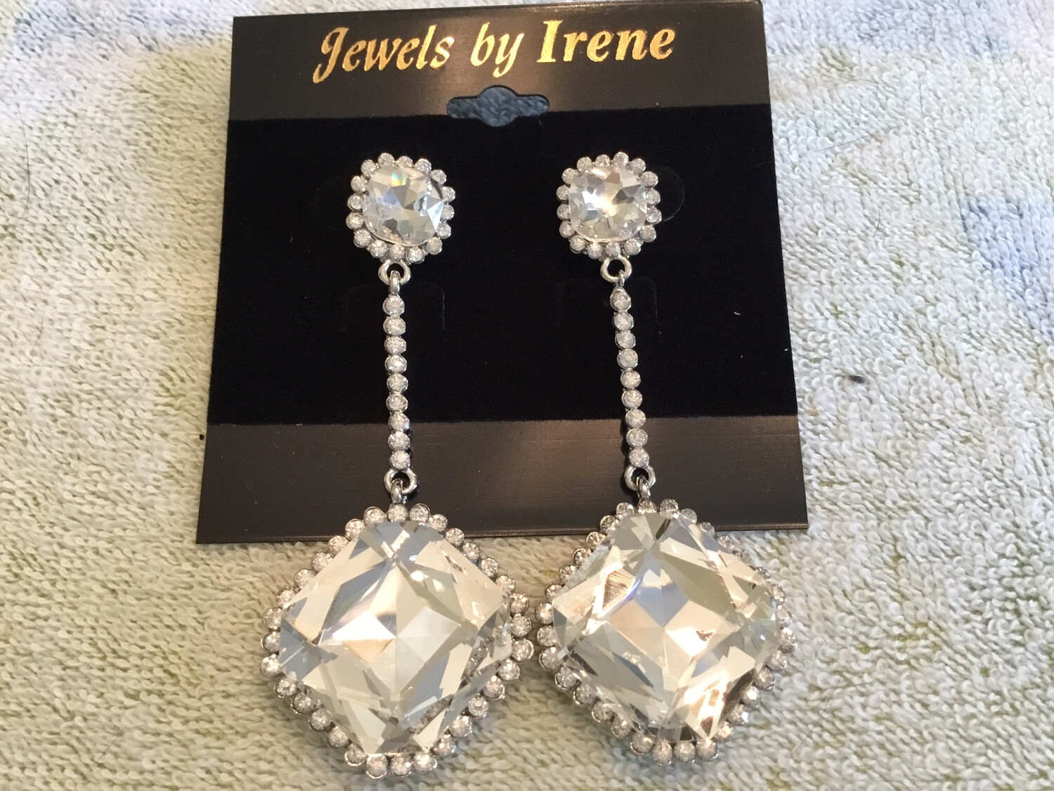 Large Square Crystal Drop With Round Crystal Post Earrings