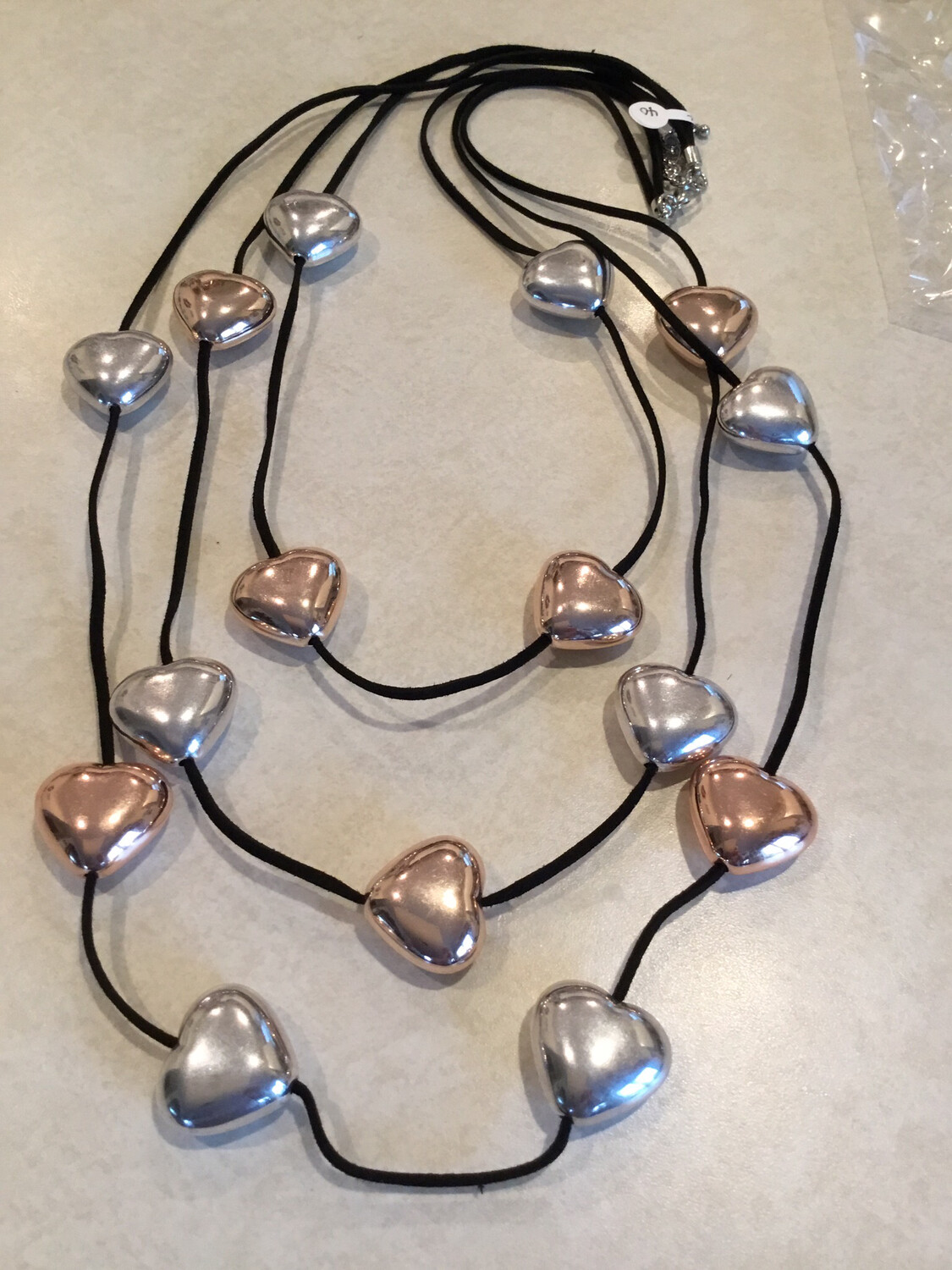 Silver And Rose Gold Heart Three Strand Long Leather Necklace