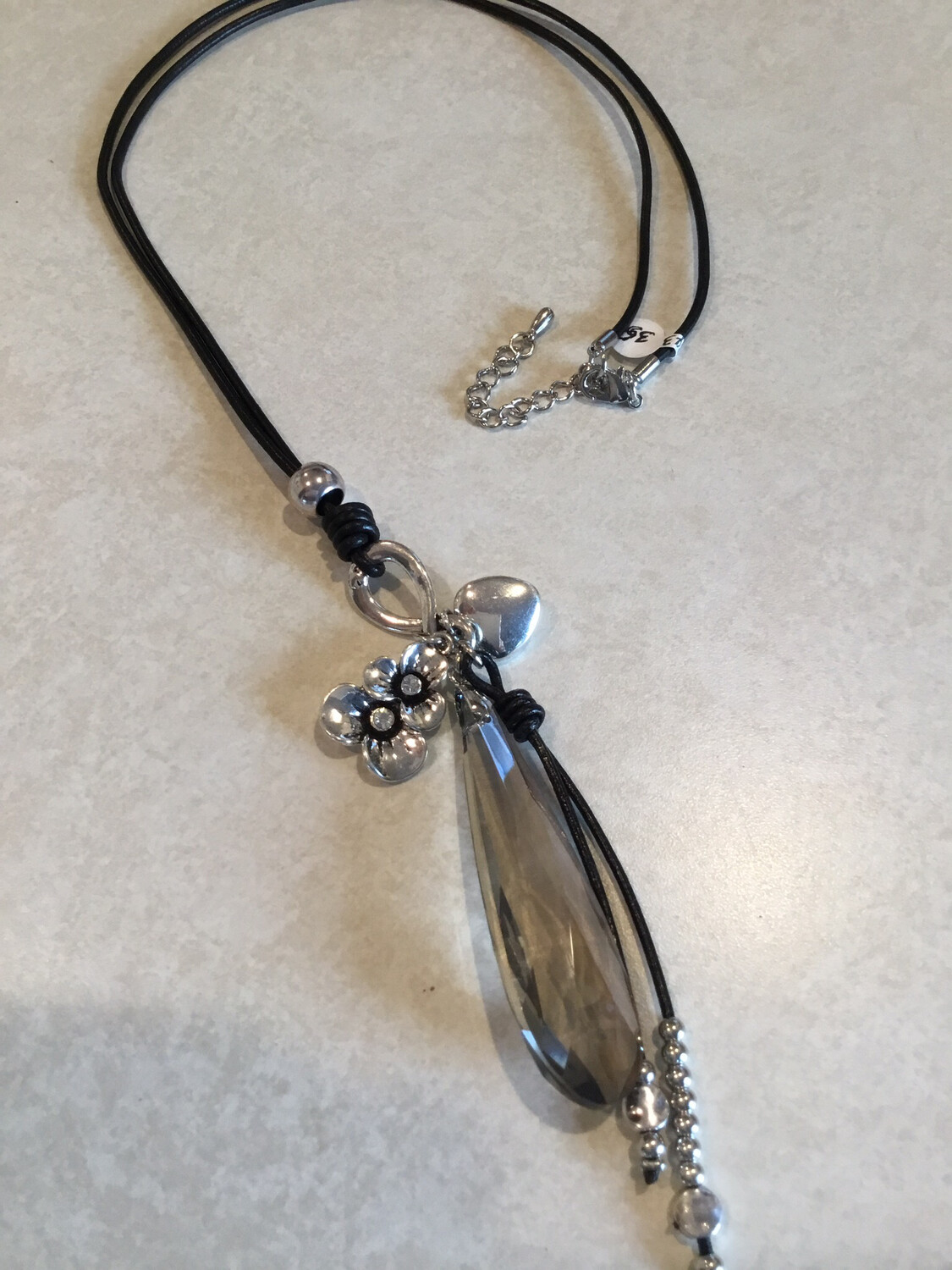 Black Leather Long Necklace With Gray Glass Pendant