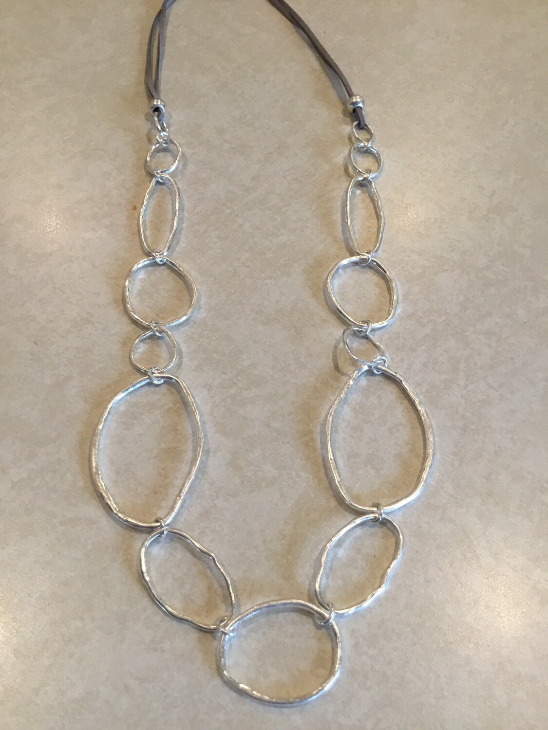 Gray Leather Long Necklace With Irregular Ovals
