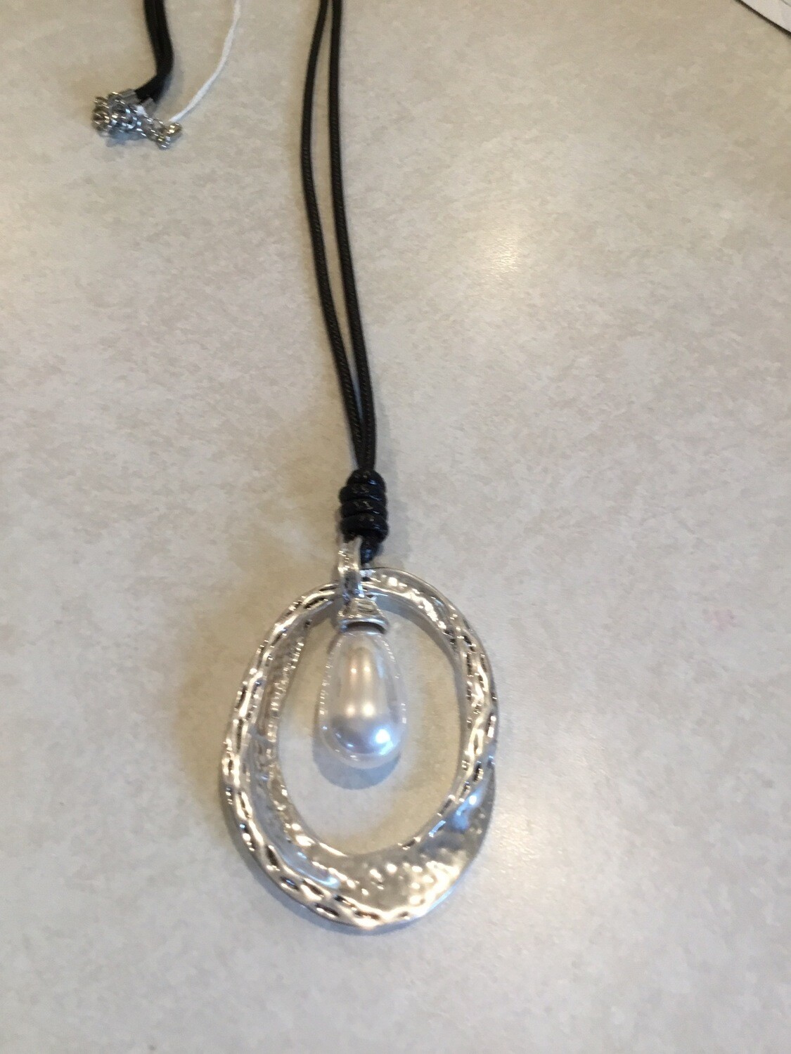 Black Leather Long Necklace With Silver Oval And Large Pearl