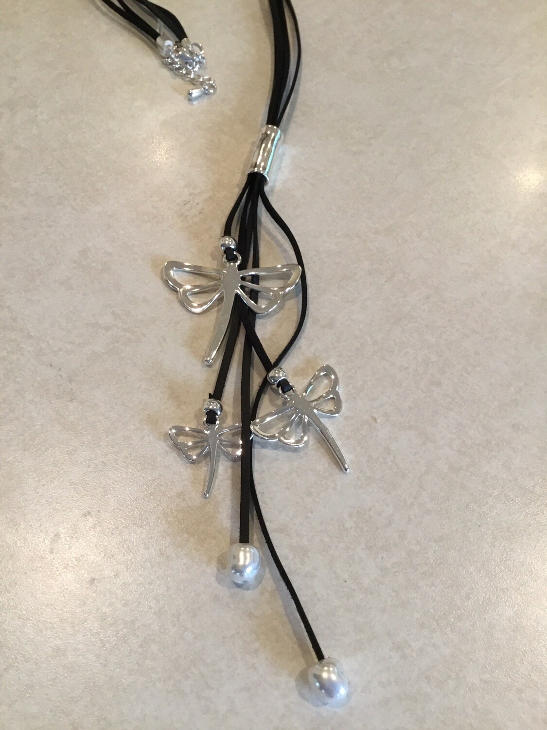 Black Leather With Three Dragonflies And Pearls