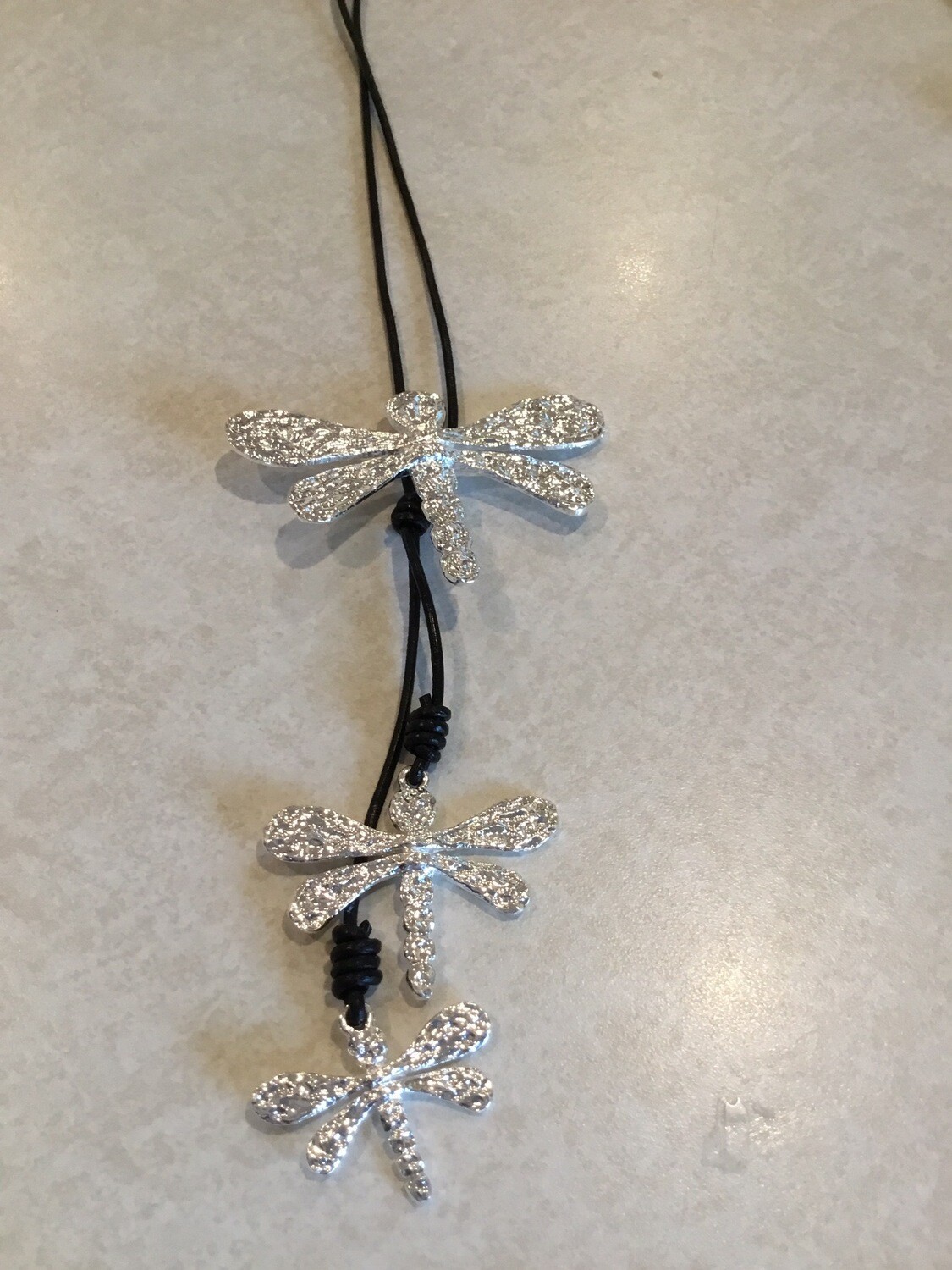 Black Leather Long Necklace With Three Dragonflies